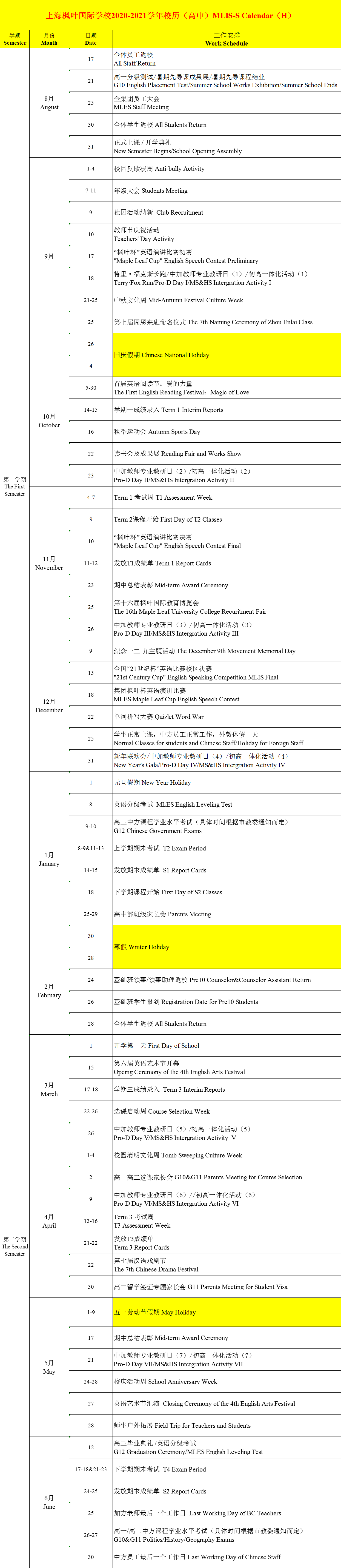 上海楓葉國(guó)際學(xué)校2020-2021學(xué)年高中校歷